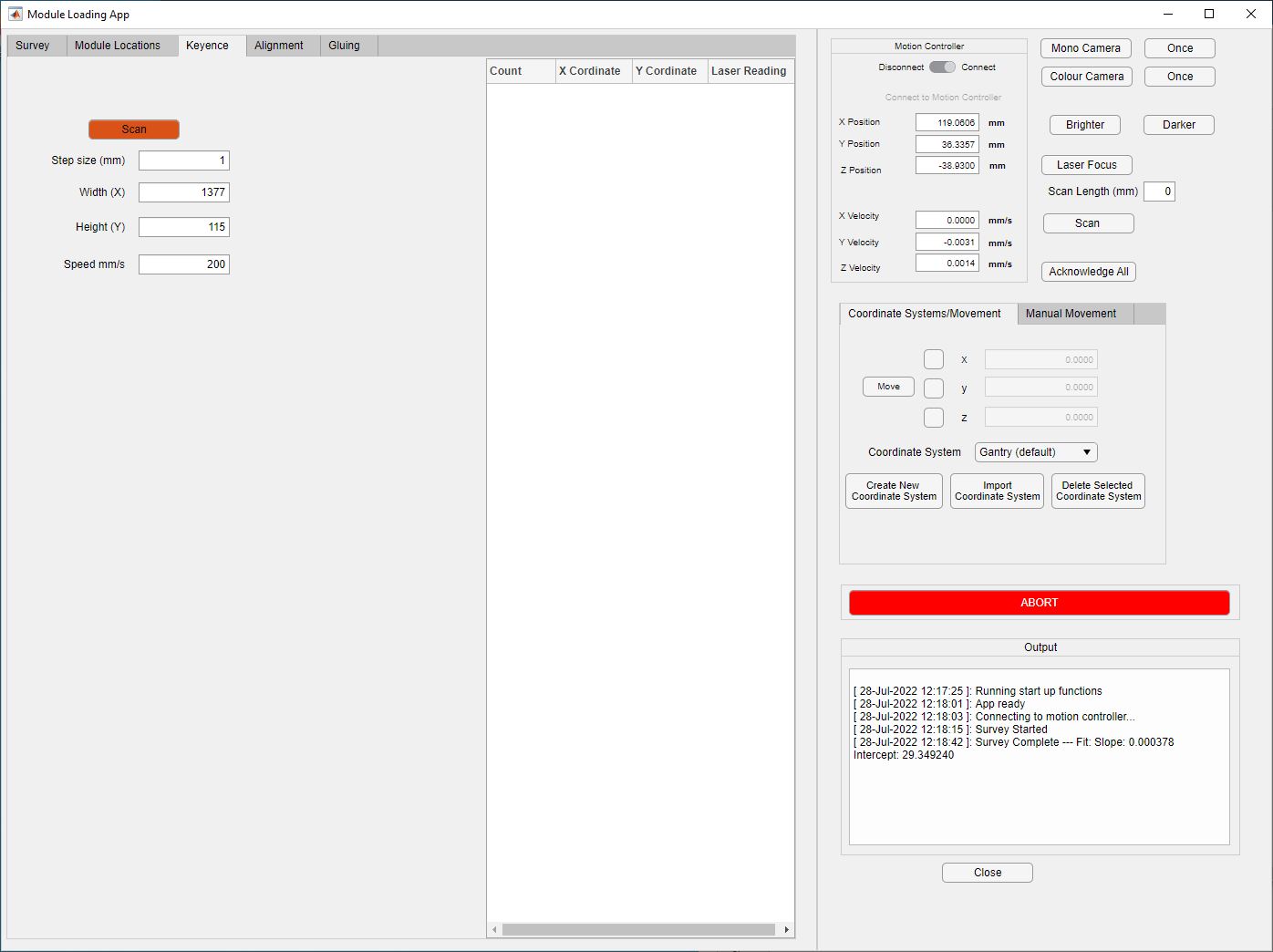 Strip Tracker Module Loading Software showing the survey tab (Keyence)