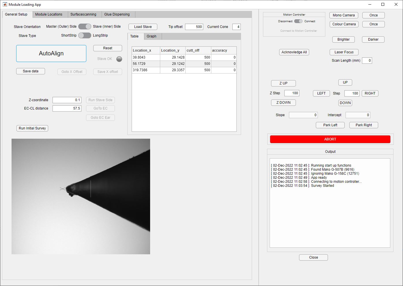 Strip Tracker Module Loading Software running an alignment procedure